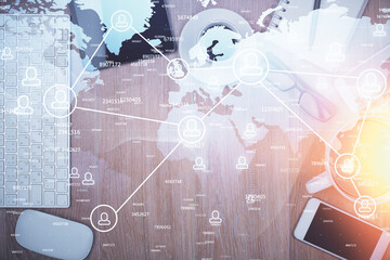 Poster - Double exposure of social network theme drawing over table with phone. Top view. People connecting concept.