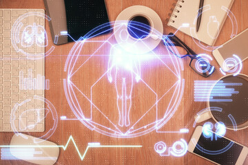 Aufkleber - Double exposure of education theme drawing over table with phone. Top view. Science education concept.