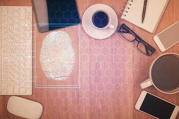 Poster - Double exposure of finger print over table with phone. Top view. Concept of mobile security.