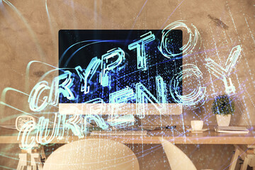 Aufkleber - Double exposure of crypto technology theme drawing and office interior background. Concept of blockchain.