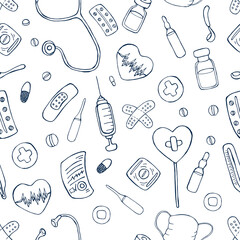 Cartoon pattern with medical objects on a white background. Medical seamless pattern.