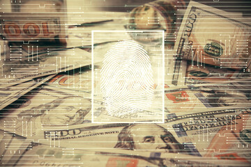 Poster - Double exposure of finger print scan drawing over usa dollars bill background. Concept of security of safe access.