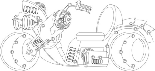 Wall Mural - Futuristic bike coloring book in steampunk style. Vector illustration of mechanical transport.