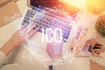 Poster - Double exposure of woman hands working on computer and blockchain theme hologram drawing. Top View. bitcoin cryptocurrency concept.