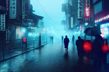 Wall Mural - rainy cyberpunk streets in dystopic futuristic japanese city