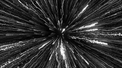 3D rendering of bright particles fill the space with jets of energy and light