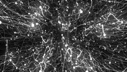 3d rendering of bright particles fill the space with jets of energy and light