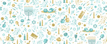 Happy Hanukkah Seamless Pattern With Traditional Holiday Symbols. Jewish Holiday Hanukkah Vector Background