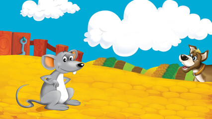 Wall Mural - cartoon farm scene with mouse illustration