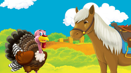 Wall Mural - cartoon farm scene with turkey bird illustration