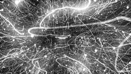 3D rendering of bright particles fill the space with jets of energy and light