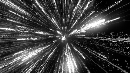 3D rendering of bright particles fill the space with jets of energy and light