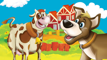 Wall Mural - cartoon farm scene with cow illustration