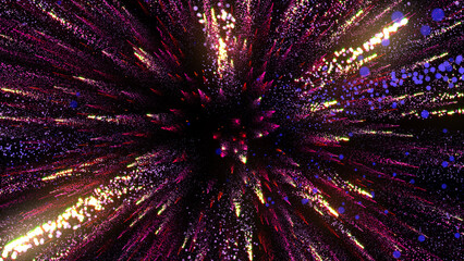 3D rendering of bright multi-colored particles fill the space with jets of energy and light