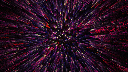 3D rendering of bright multi-colored particles fill the space with jets of energy and light