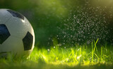 Fototapeta Sport - A soccer ball in the green grass with dew drops. Playing football in rainy weather. A rubber ball for playing football.
