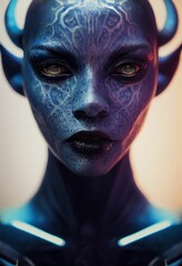 Wall Mural - vertical hyper-realistic illustration of a graceful blue alien
