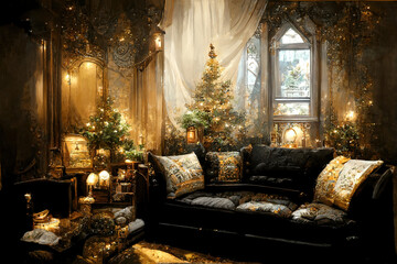 Black Christmas interior. Living room with dark walls, black sofa and gold and Christmas decorations on Christmas tree. Ai generated art illustration