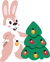 Wall Mural - Rabbit character with Christmas tree