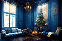 Blue Christmas Interior. Living Room With Blue Walls, Blue Sofa And Gold And Blue Christmas Decorations On Christmas Tree. Ai Generated Art Illustration