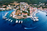 Fototapeta Do akwarium - Aerial view of the beautiful Fiskardo village in kefalonia island, ionian, west Greece.