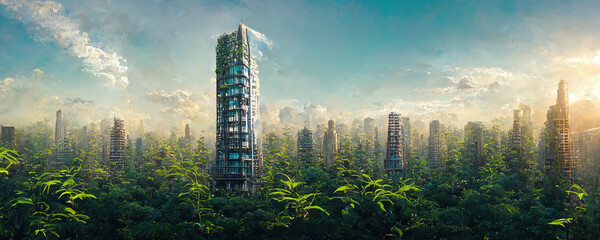 Wall Mural - Spectacular eco-futuristic cityscape concept full with greenery, skyscrapers, parks, and other manmade green spaces in urban area. Green garden in modern city. Ai generated art illustration