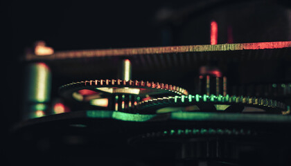 Aufkleber - Close up Beautiful old gearsin neon light. Minimalism retro style concept.  Background pattern for design. Macro photography view.