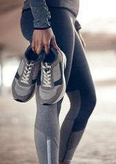 Poster - Running shoes, legs or black woman on workout break, training or marathon exercise in London city. Zoom, runner or sports athlete with fitness sneakers for wellness health, cardio and energy activity