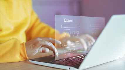 Poster - online exam concept, choose correct answer in test. checklist and online testing on laptop. online exam test with laptop. on-line questionnaire results on desktop. quiz.....