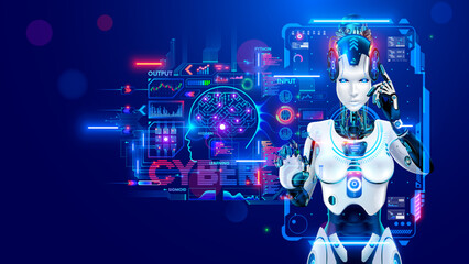 Leinwandbilder - AI in image robot woman or female cyborg working on 3d holographic interface. Robotic lady with Beautiful face and cybernatic hand pressing button. Anthropomorphic Artificial intelligence AI concept.