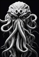 Wall Mural - vertical hyper-realistic illustration of a fantasy octopus creature in grayscale