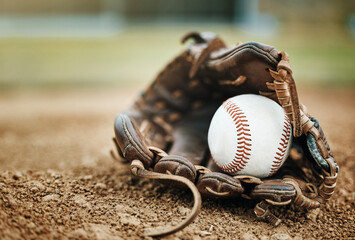 Canvas Print - Baseball, leather glove and ball on pitch sand after fitness, workout or training for match or competition. Zoom, texture and softball mitt on field for sports team, wellness exercise or stadium game