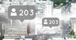 Composite of profile icons and 203 numbers in speech bubble over aerial view of cityscape