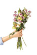 Withered bouquet of flowers. Old dried flowers in hand.