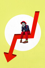 Poster - Creative retro 3d magazine image of stressed depressed mini guy sitting huge down arrow isolated painting background