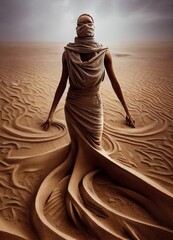 Wall Mural - Hyper-realistic illustration of a woman in hostage of the sandy desert