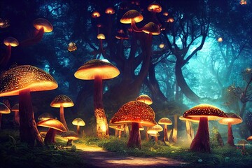 Surreal fantasy land with large forest full of all sizes mushrooms. Beautiful magical fairy tale enchanted forest. Surreal, abstract, highly detailed, lifelike, 3d illustration, digital painting.