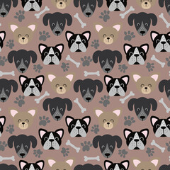 Seamless dog pattern, Dog faces repeat design, Cute cartoon dog wallpaper, Dog Breeds Head background, Pawprint and bones, Cute Dog Face Design