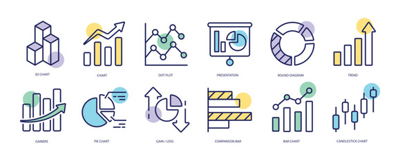 Aufkleber - Set of linear icons with Diagram concept in purple, yellow on blue colors. Icons in the form of various diagrams. Vector illustration.