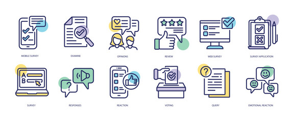 Set of linear icons with Survey concept in purple, yellow on blue colors. Icons present different types of online and paper survey. Vector illustration.