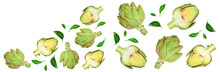 Fresh Artichokes And Half Isolated On White Background With Copy Space For Your Text. Top View. Flat Lay,