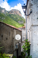 narrow streets full of greenery and neglected buildings of Orsomarso
