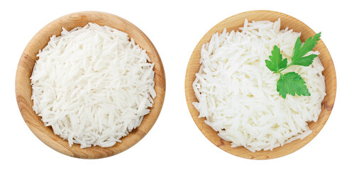 rice in a wooden bowl isolated on white background. Top view. Flat lay