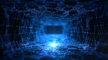 Poster - Technology concept big data network with polygons dark blue abstract background, 3d rendering