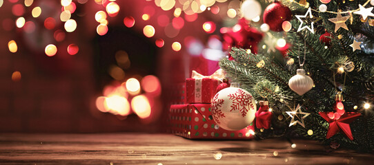 christmas tree with decorations near a fireplace with lights