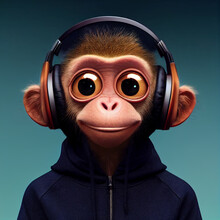 Cute Funny Monkey Wearing Hoodie Listens To Music In Headphones, On Blue Background