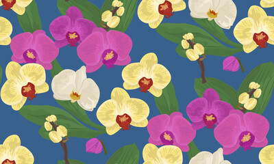 Wall Mural - Botanical seamless pattern of pink and yellow orchid flowers on blue background. Vintage floral vector illustration.