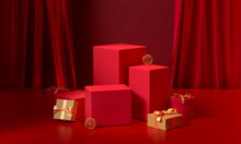 Red Stand And Red, Gold Gift Box On Silk Curtain Stage With Festive Background. 3d Rendering.