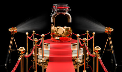 Poster - Podium with glass jar full of golden coins, 3D rendering