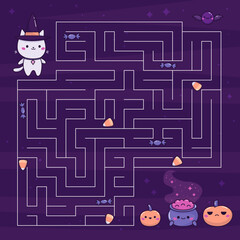 Halloween maze game with cute cat, pumpkins, bat and potion cauldron. Help the kitten find candies and sweets. Activity worksheet. Kawaii cartoon characters. Vector illustration.